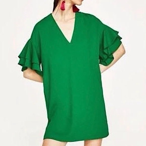 Zara | Dresses | Zara Green Vneck Dress With Ruffle Sleeves | Poshmark